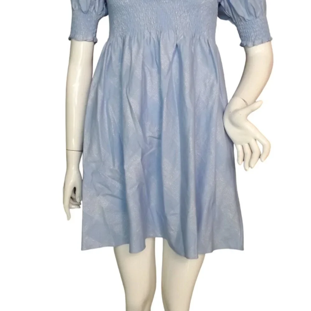 HILL HOUSE Mini Dress, S, Athena Nap, Powder Blue/Silver check, Smocking A-line - Picture 3 of 13